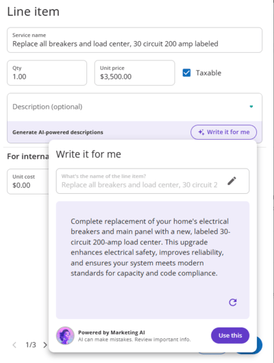 Housecall Pro AI "Write it for me" description generator producing customer-facing copy