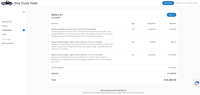 Housecall Pro client-side estimate portal where the customer reviews and approves