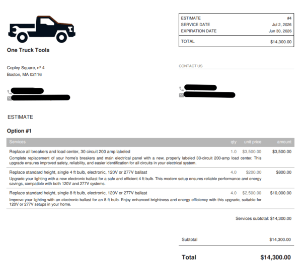 Housecall Pro customer-facing estimate preview with company branding