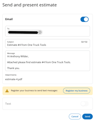 Housecall Pro sending an estimate to a customer email
