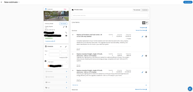 Housecall Pro estimate builder with a line item and an AI-written description
