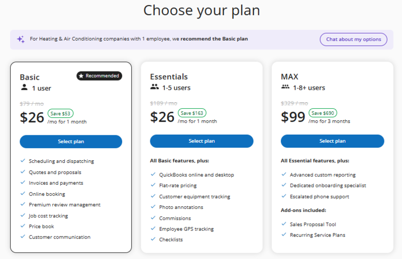 Housecall Pro three plans: Basic, Essentials and MAX with pricing