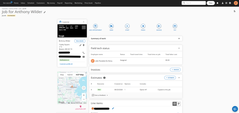 Housecall Pro job page showing customer panel, field-tech status, costing and activity feed