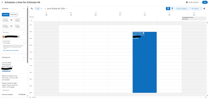Housecall Pro schedule calendar with multiple views and employee colour-coding